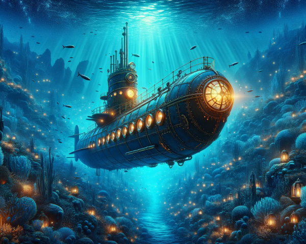 Submarine in Vibrant Underwater Landscape with Coral Reefs