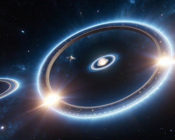Vibrant Cosmic Scene with Rings and Celestial Bodies