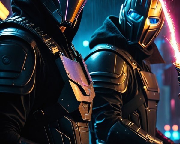 Futuristic warriors in neon-lit urban setting with armor