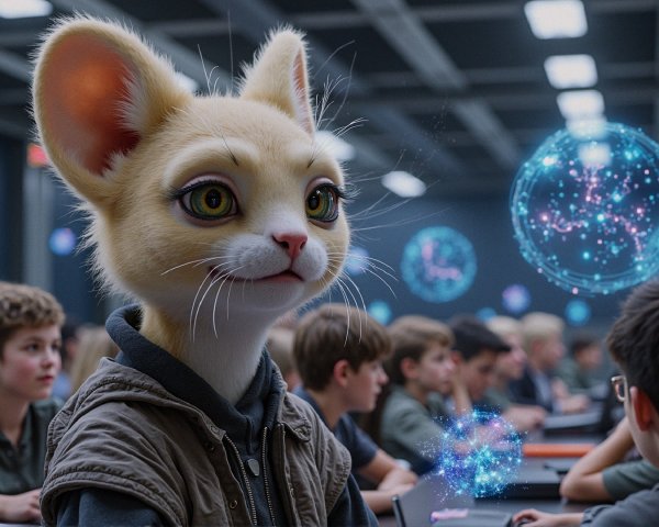 Cartoon Cat Observes Students in Modern Classroom