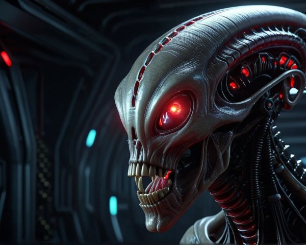 Futuristic Alien with Metallic Features and Red Eyes