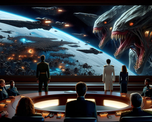 Futuristic Command Center During Intense Space Battle
