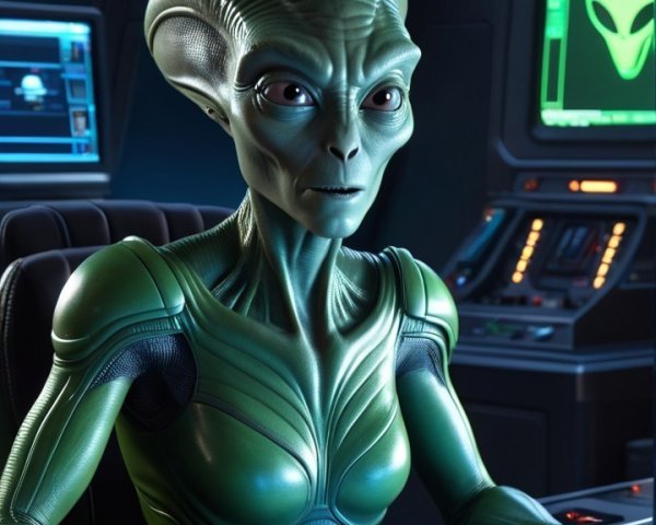 Green-skinned alien at futuristic spacecraft control panel