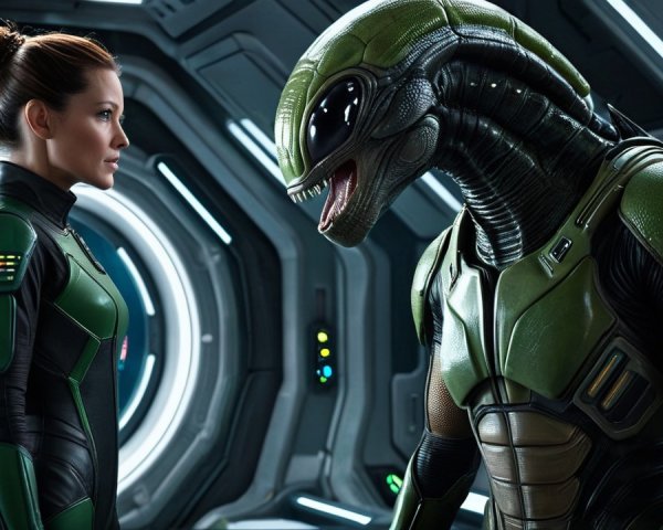 Futuristic Encounter Between Human and Reptilian Alien