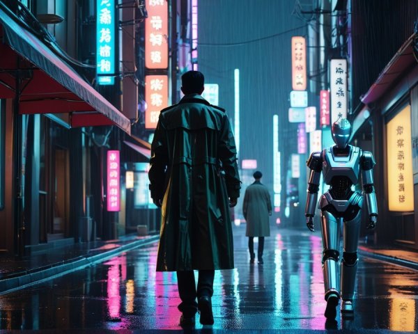 Neon-Lit Alley with Figure and Humanoid Robot