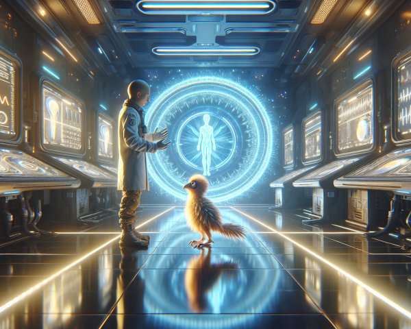 Futuristic laboratory with holographic human silhouette