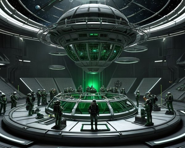 Futuristic command center with green lights and machinery