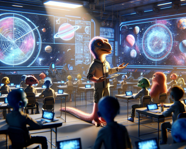 Futuristic Classroom with Lizard Teacher and Students