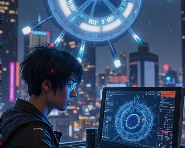 Futuristic cityscape with a focused woman at a desk