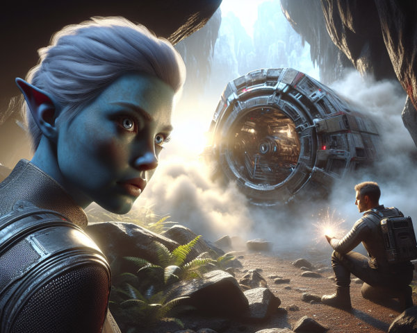 Blue-Skinned Alien in Cave with Futuristic Spaceship