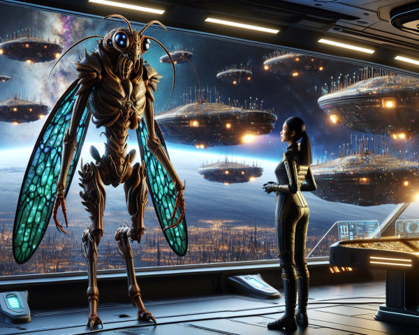 Futuristic spacecraft scene with humanoid alien and astronaut
