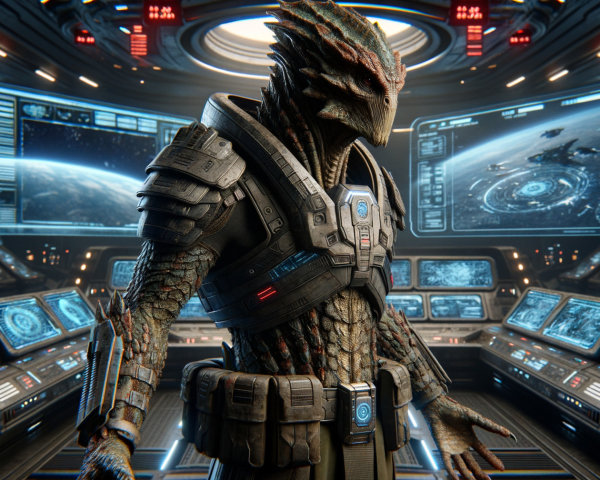 Humanoid Reptilian in Futuristic Command Center