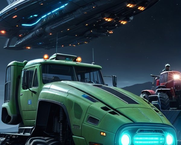 Futuristic Truck and Hovering Spaceship in Night Scene