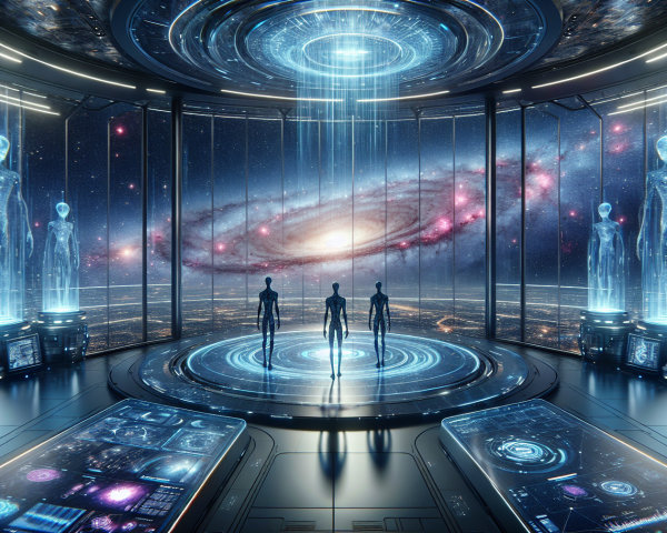 Futuristic spacecraft with humanoid figures and galaxy view