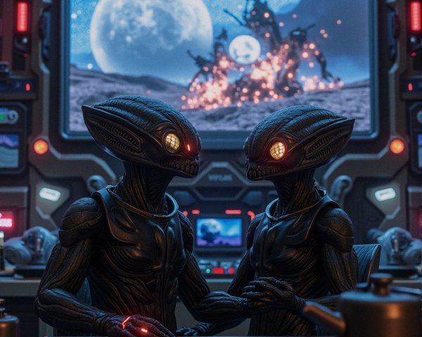 Futuristic Control Room with Alien Figures and Technology