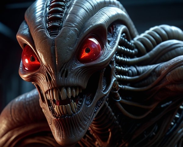 Humanoid alien creature with metallic skin and red eyes
