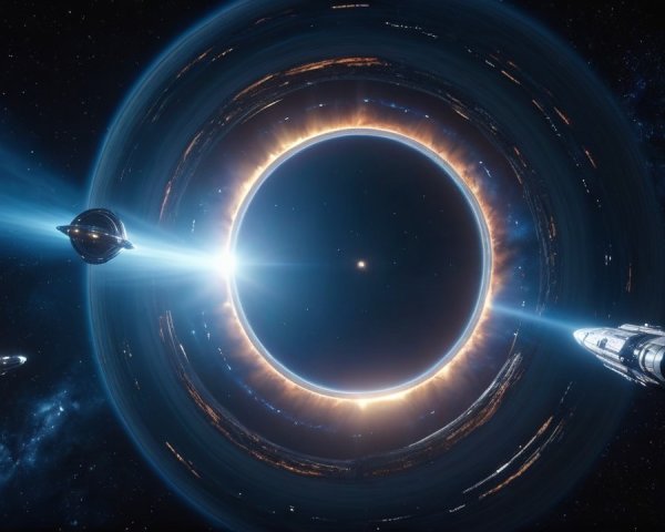 Cosmic Scene with Black Hole and Spacecraft Exploration