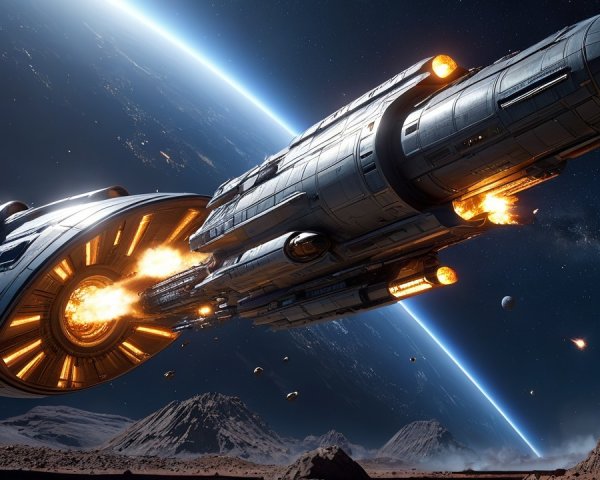 Futuristic spaceship navigating through cosmic scenery