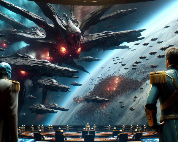 Futuristic Command Room with Space Battle Display