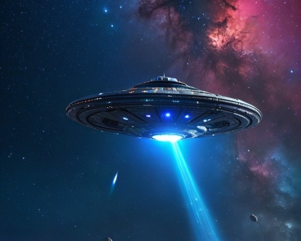 Futuristic Tractor Under Alien Spaceship in Cosmic Scene