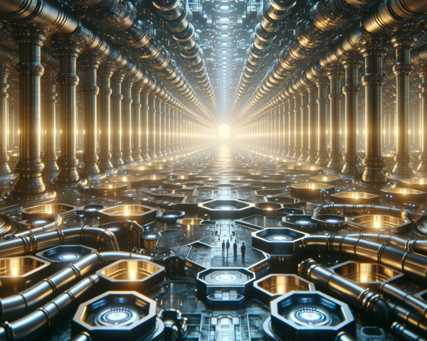 Futuristic corridor with metallic columns and glowing accents