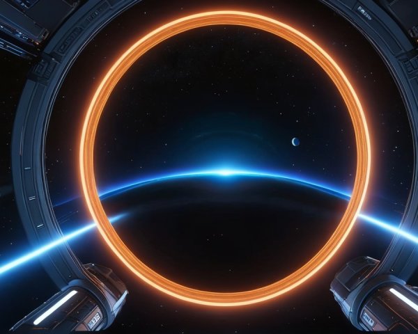 Futuristic Spacecraft View with Orange Ring and Planets