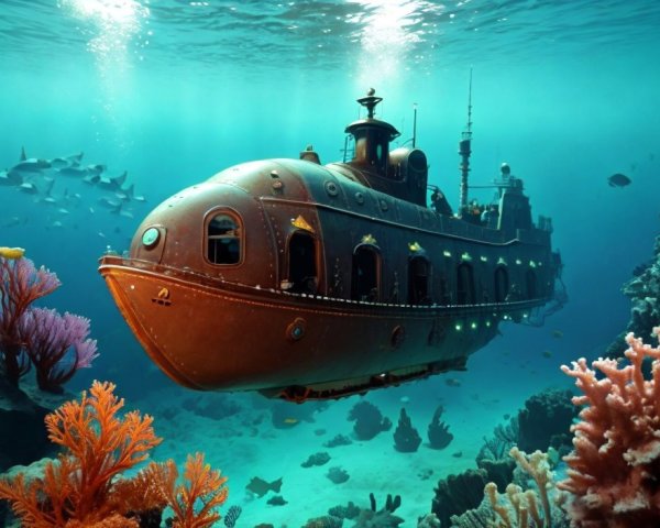 Vintage Submarine in Clear Blue Water with Coral Reefs