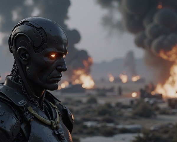 Futuristic Robot in Dystopian Chaos and Explosions