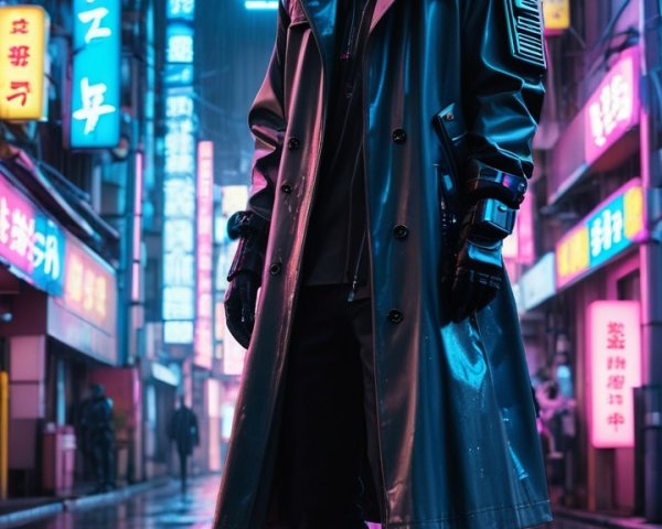 Cyberpunk Figure in Neon-Lit Urban Landscape