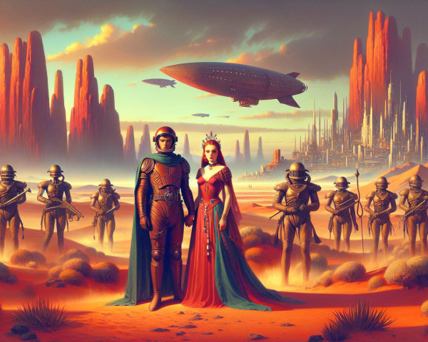 Regal Couple in Futuristic Desert Landscape Scene