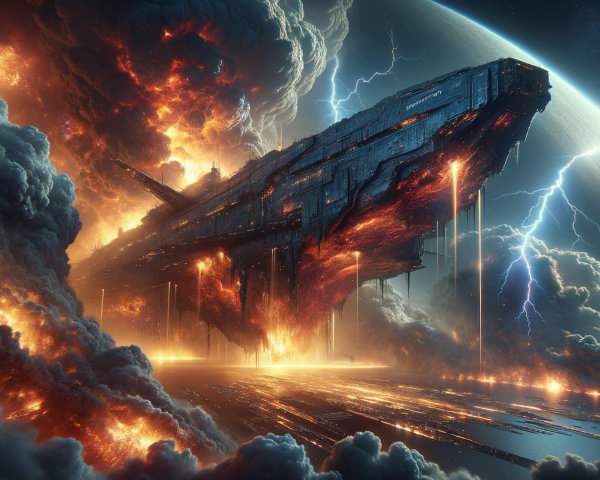 Colossal spacecraft amidst fiery clouds and distant planet