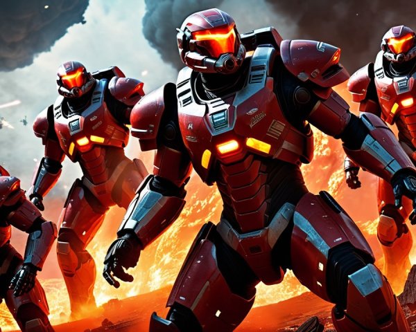 Armored Warriors in Red Suits Amid Explosions