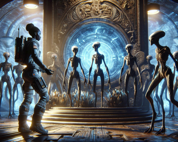 Astronaut Encounters Alien Figures in Futuristic Setting