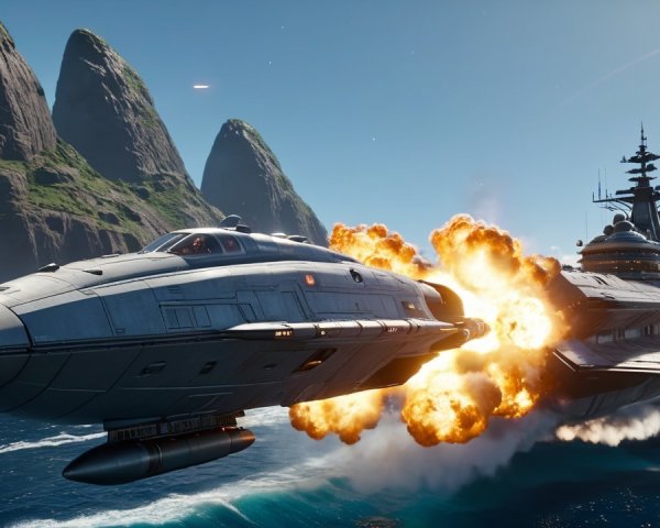 Futuristic spaceship in vibrant ocean with explosions