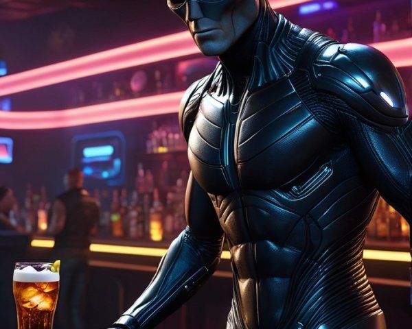 Futuristic superhero in sleek black suit at bar