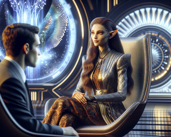 Futuristic Scene with Elf-like Figure and Technology