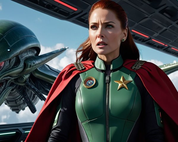 Fierce Woman in Green Suit with Menacing Alien Creature