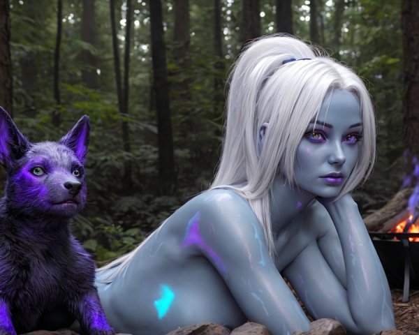 Serene forest scene with blue-skinned figure and wolf