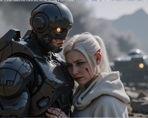 Futuristic Robot and Woman in Chaotic Landscape
