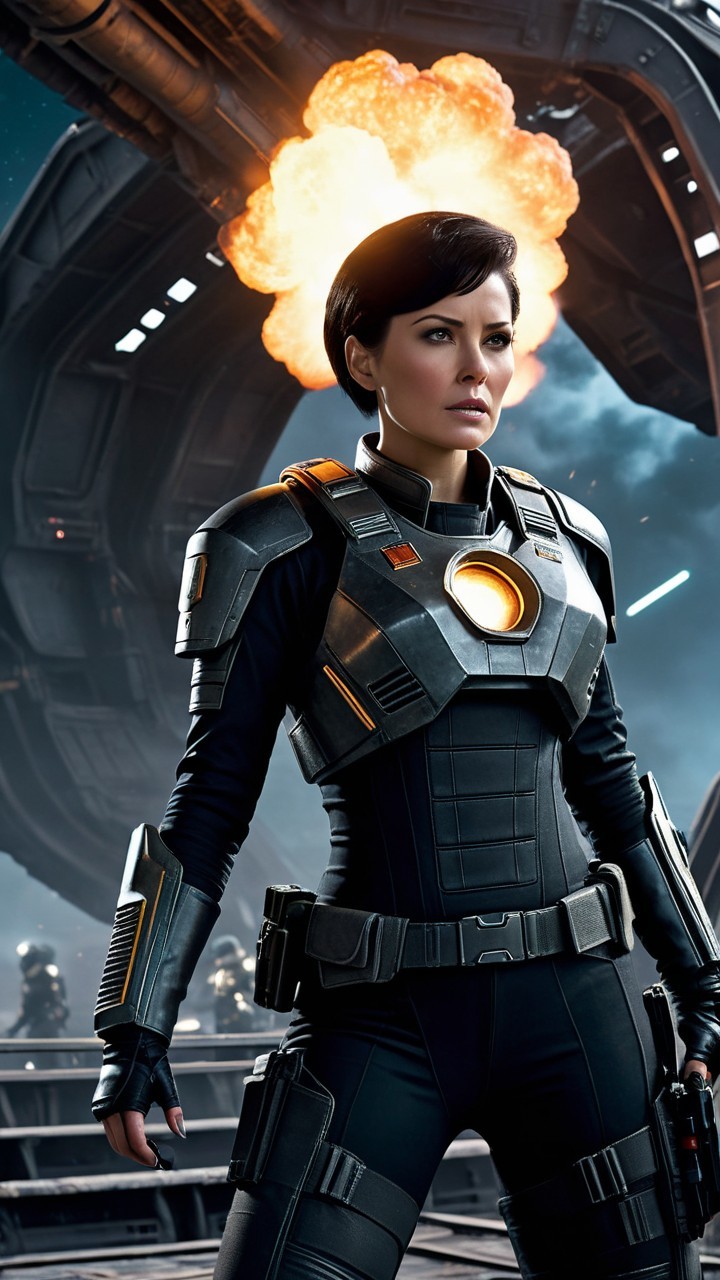 Fierce Female Warrior in Futuristic Armor with Explosion