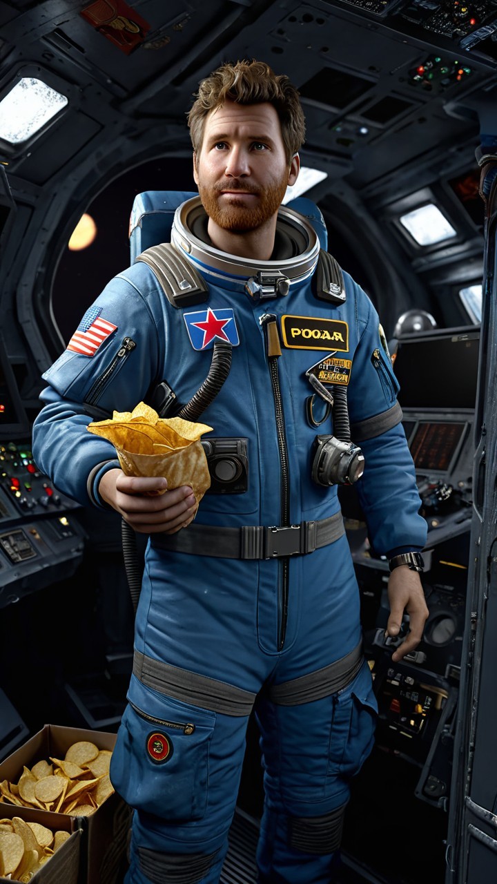 Astronaut in Blue Suit with Golden Chips in Spacecraft