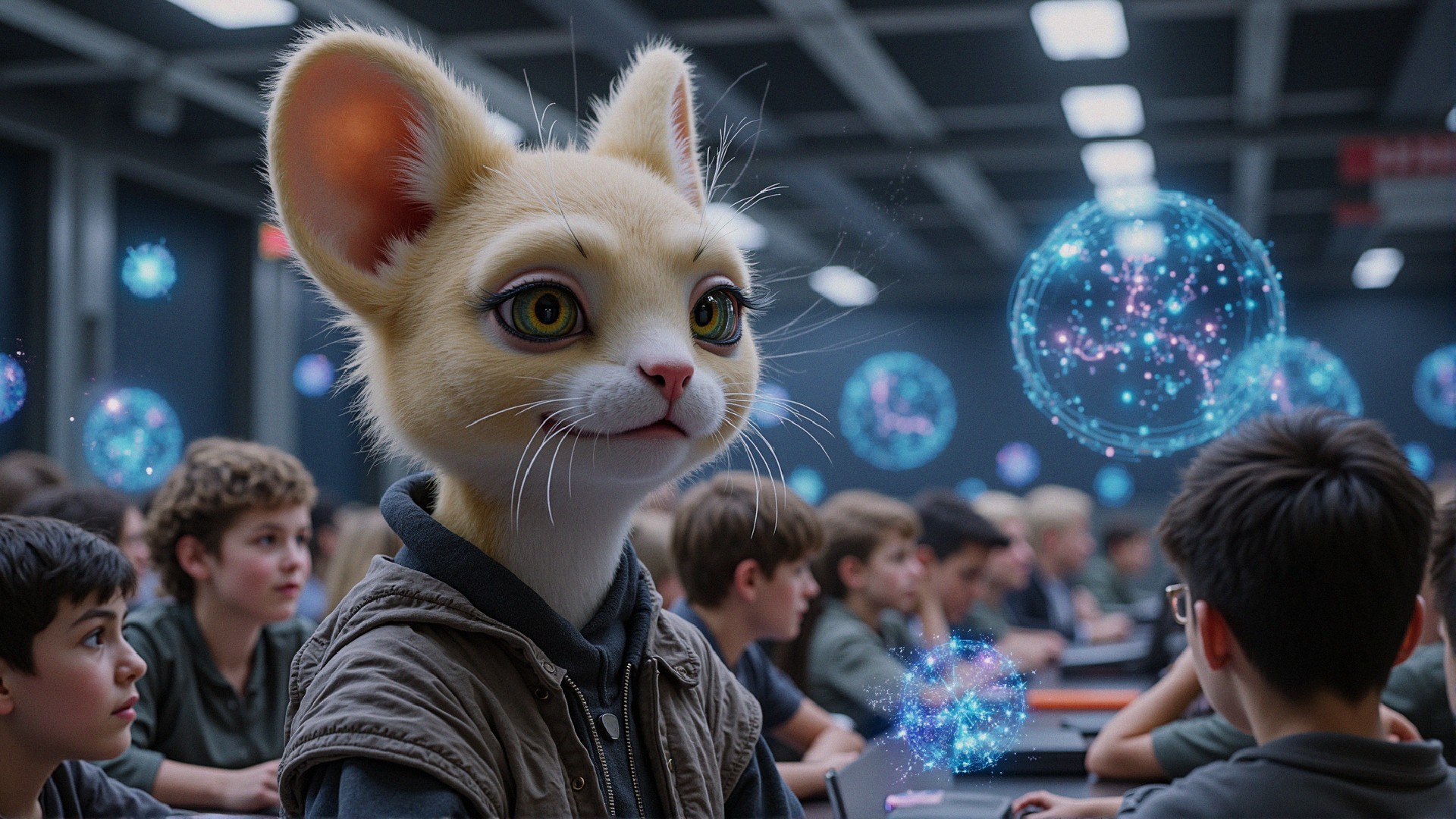 Cartoon Cat Observes Students in Modern Classroom
