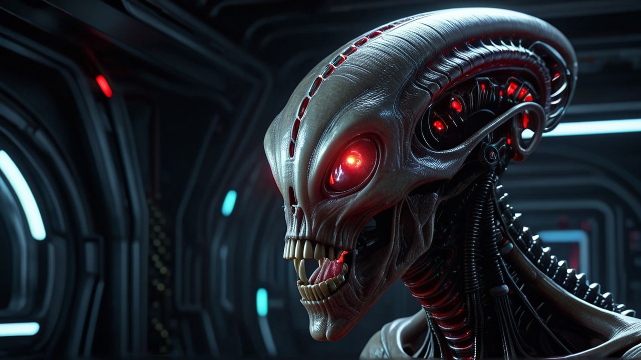 Futuristic Alien with Metallic Features and Red Eyes
