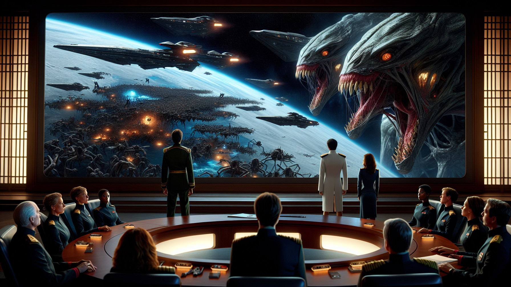 Futuristic Command Center During Intense Space Battle