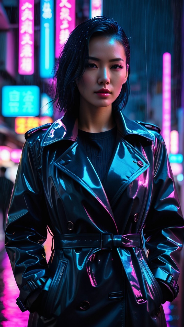 Confident Woman in Neon-Lit Urban Scene at Night