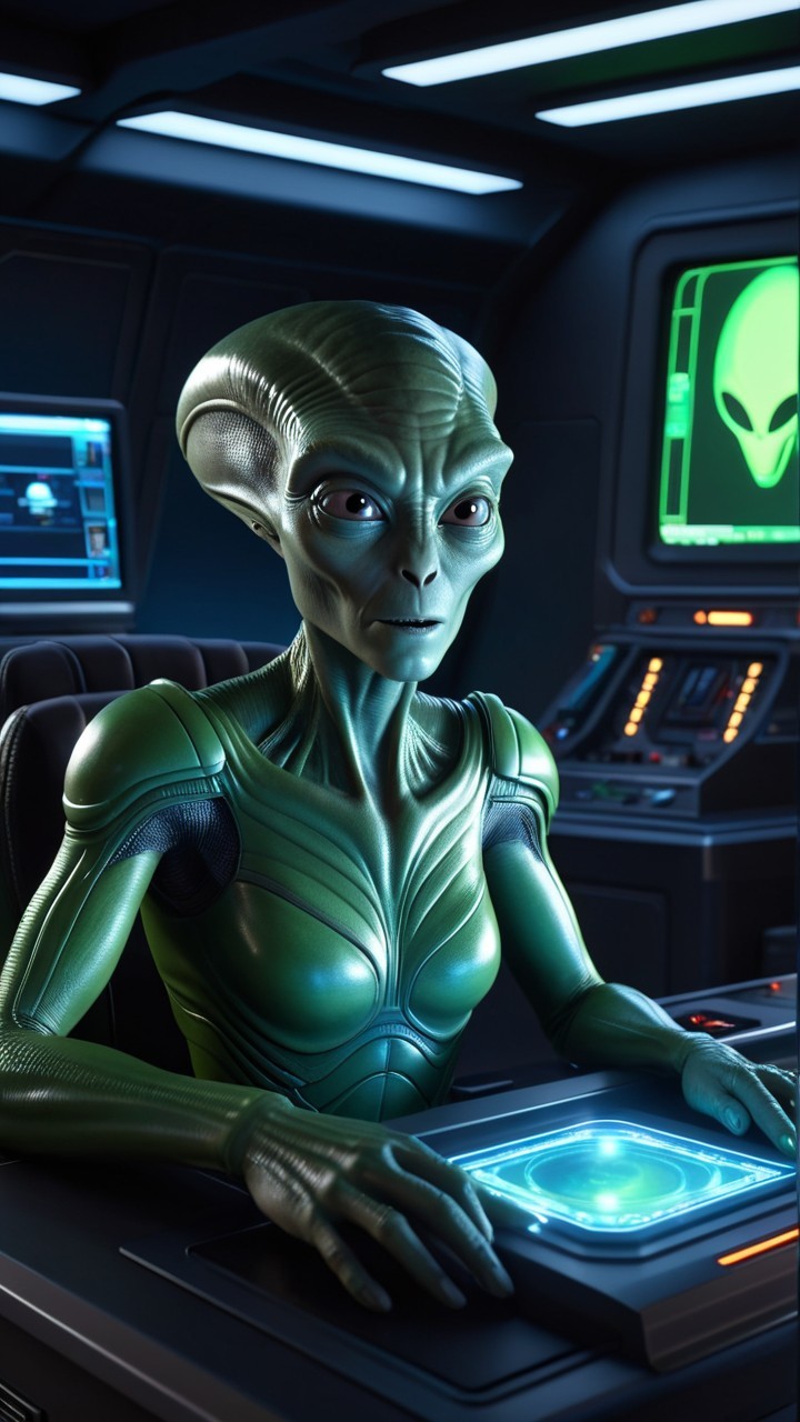 Green-skinned alien at futuristic spacecraft control panel