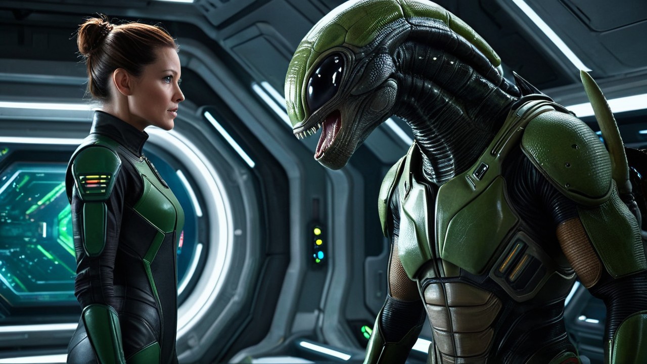 Futuristic Encounter Between Human and Reptilian Alien