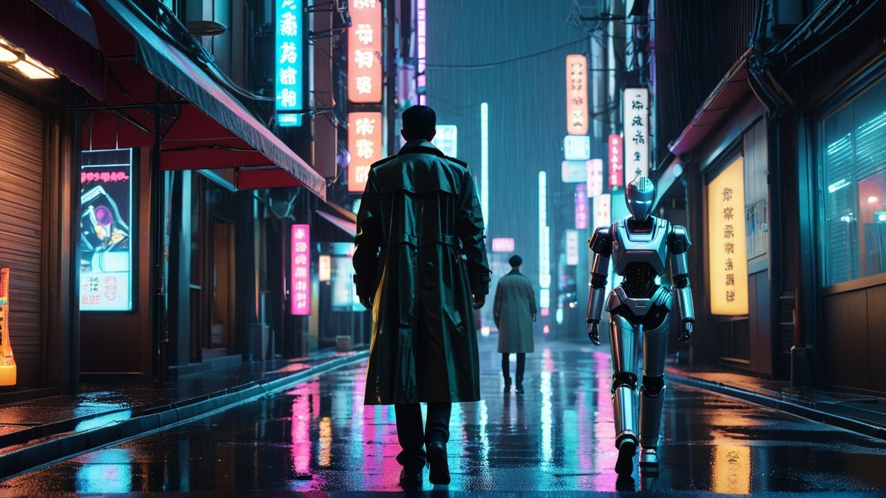 Neon-Lit Alley with Figure and Humanoid Robot
