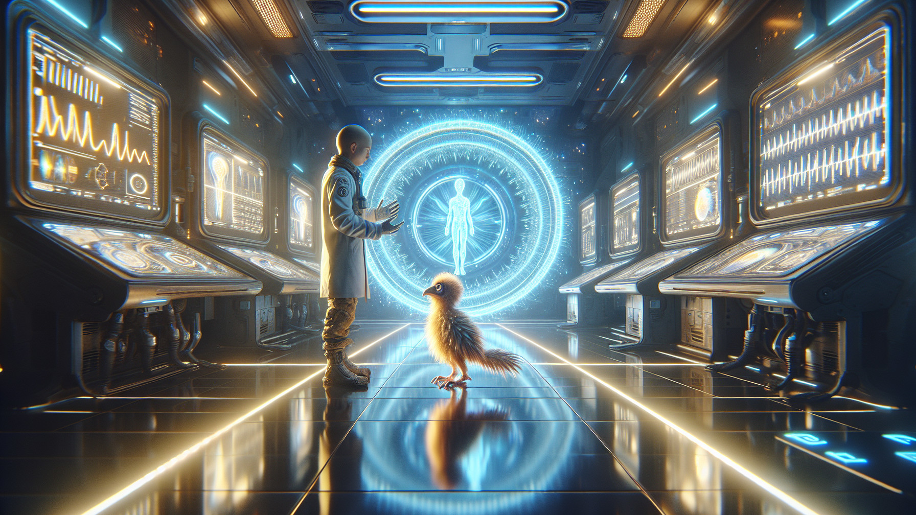 Futuristic laboratory with holographic human silhouette