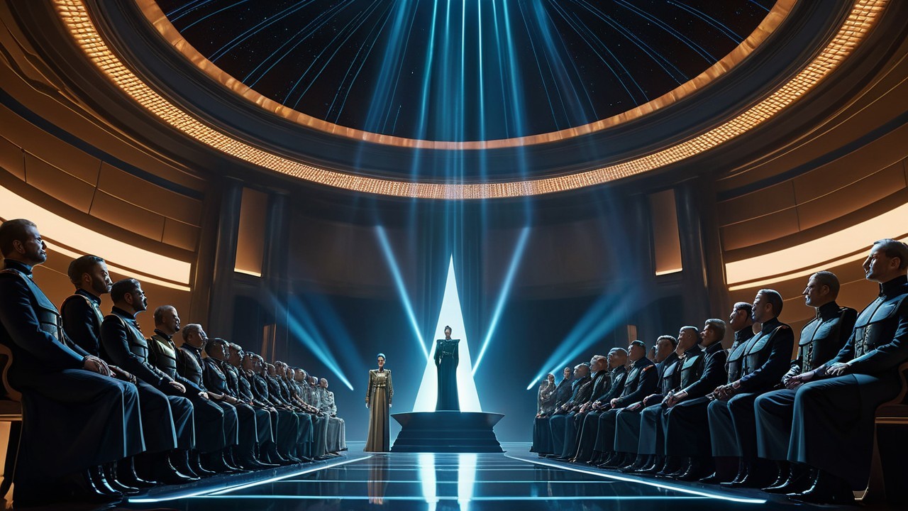 Futuristic auditorium with speaker and attentive audience
